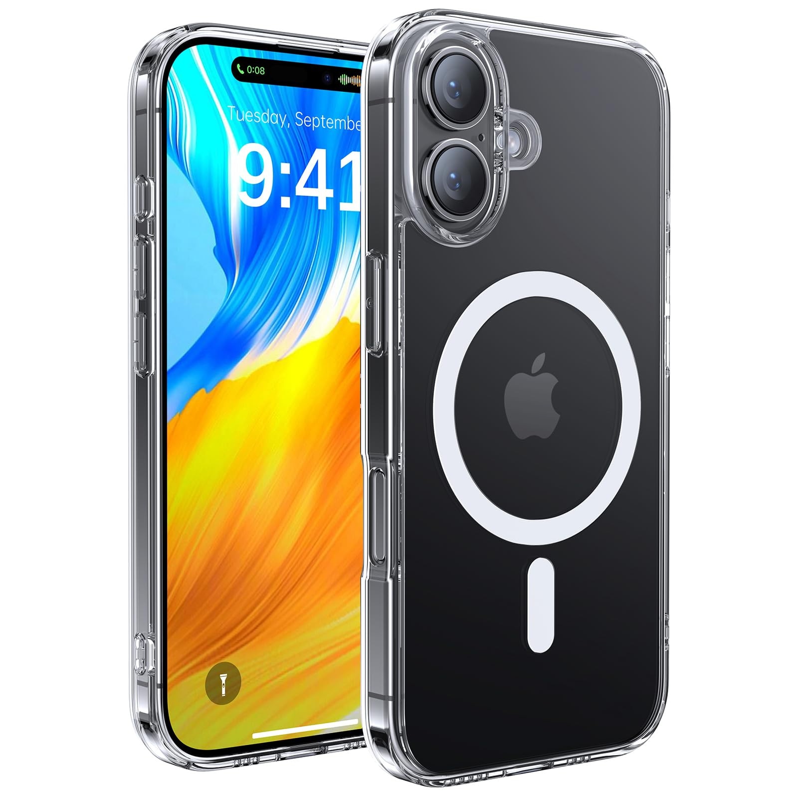 Husa de protectie, MagSafe, MOGU, compatibila cu iPhone 16, impermeabila, rezistenta la zgarieturi, airbag anti-cadere, absorbtie de soc anti-coliziune pe patru fete, din material PC+TPU pentru rezistenta la ingalbenire, grosime 1,5mm, transparenta