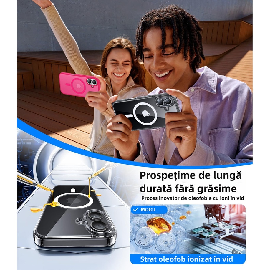 Husa de protectie, MagSafe, MOGU, compatibila cu iPhone 16, impermeabila, rezistenta la zgarieturi, airbag anti-cadere, absorbtie de soc anti-coliziune pe patru fete, din material PC+TPU pentru rezistenta la ingalbenire, grosime 1,5mm, transparenta