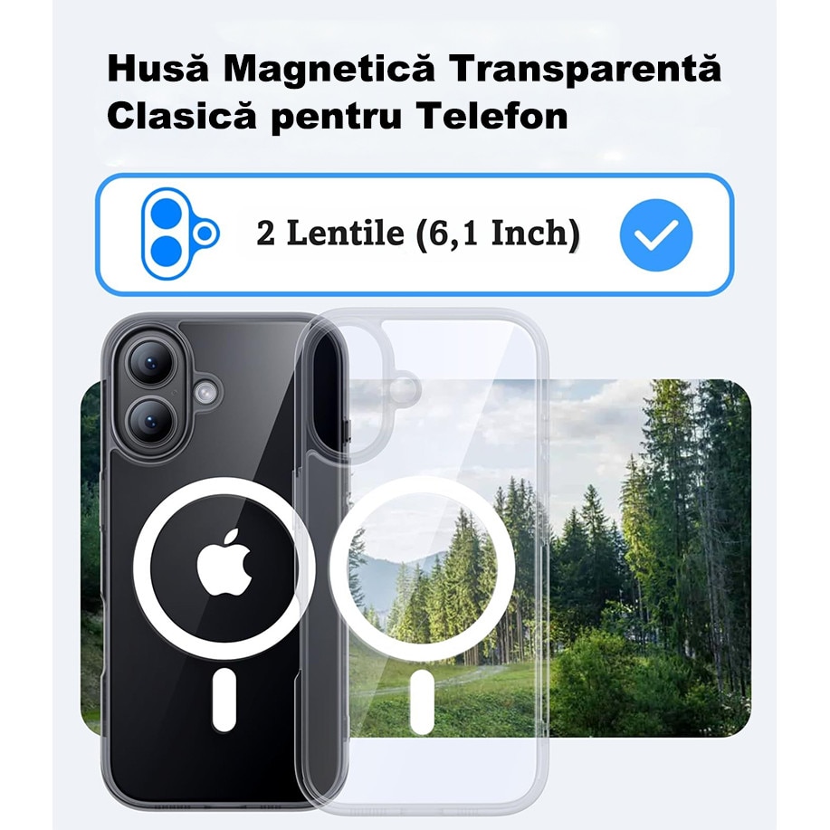 Husa de protectie, MagSafe, MOGU, compatibila cu iPhone 16, impermeabila, rezistenta la zgarieturi, airbag anti-cadere, absorbtie de soc anti-coliziune pe patru fete, din material PC+TPU pentru rezistenta la ingalbenire, grosime 1,5mm, transparenta