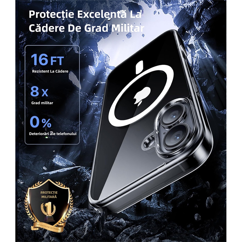 Husa de protectie, MagSafe, MOGU, compatibila cu iPhone 16, impermeabila, rezistenta la zgarieturi, airbag anti-cadere, absorbtie de soc anti-coliziune pe patru fete, din material PC+TPU pentru rezistenta la ingalbenire, grosime 1,5mm, transparenta