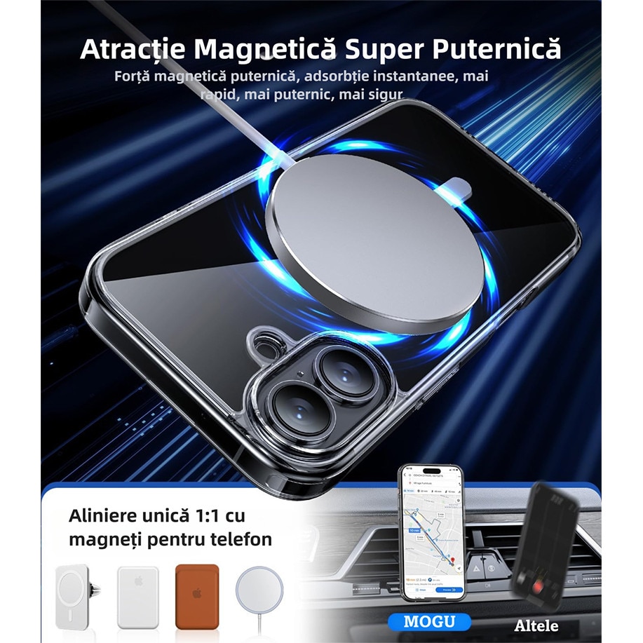Husa de protectie, MagSafe, MOGU, compatibila cu iPhone 16, impermeabila, rezistenta la zgarieturi, airbag anti-cadere, absorbtie de soc anti-coliziune pe patru fete, din material PC+TPU pentru rezistenta la ingalbenire, grosime 1,5mm, transparenta