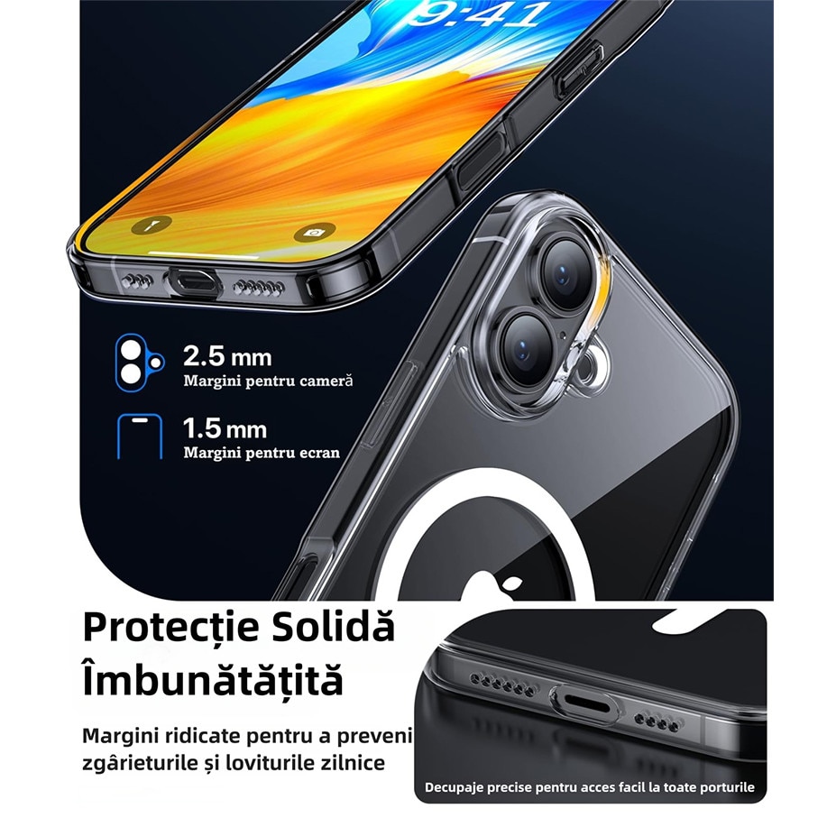 Husa de protectie, MagSafe, MOGU, compatibila cu iPhone 16, impermeabila, rezistenta la zgarieturi, airbag anti-cadere, absorbtie de soc anti-coliziune pe patru fete, din material PC+TPU pentru rezistenta la ingalbenire, grosime 1,5mm, transparenta