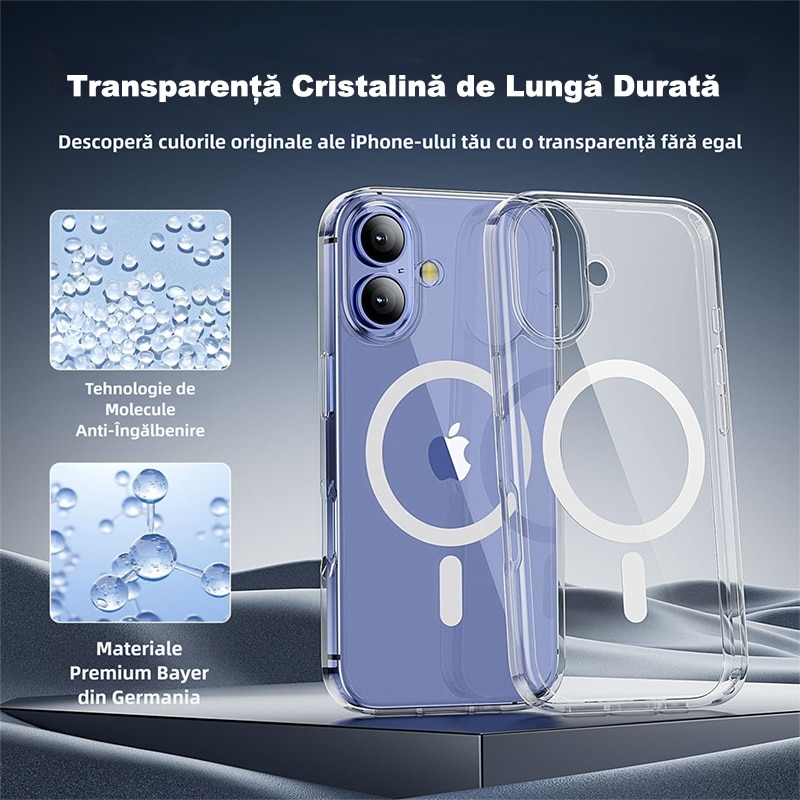 Husa de protectie, MagSafe, MOGU, compatibila cu iPhone 16, impermeabila, rezistenta la zgarieturi, airbag anti-cadere, absorbtie de soc anti-coliziune pe patru fete, din material PC+TPU pentru rezistenta la ingalbenire, grosime 1,5mm, transparenta