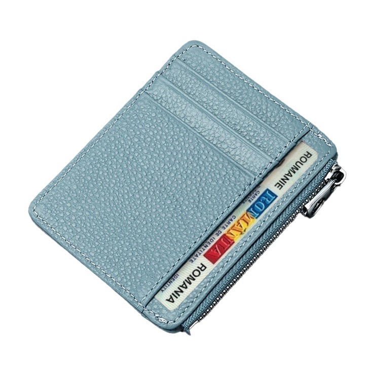 Portofel slim Natty Pell pentru carduri, buletin, bani, permis auto cu capacitate 8 carduri + 1 compartiment bancnote, inchis cu fermoar, Piele naturala, Albastru
