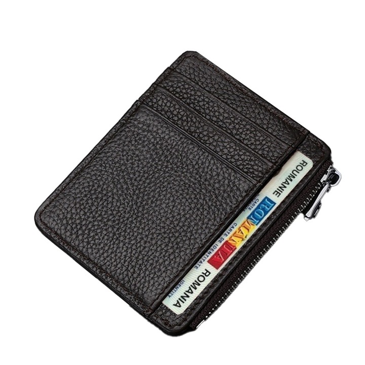 Portofel slim Natty Pell pentru carduri, buletin, bani, permis auto cu capacitate 8 carduri + 1 compartiment bancnote, inchis cu fermoar, Piele naturala, Maro