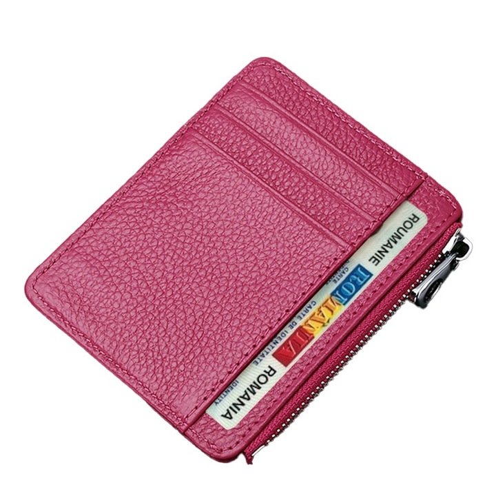 Portofel slim Natty Pell pentru carduri, buletin, bani, permis auto cu capacitate 8 carduri + 1 compartiment bancnote, inchis cu fermoar, Piele naturala, Roz Fucsia