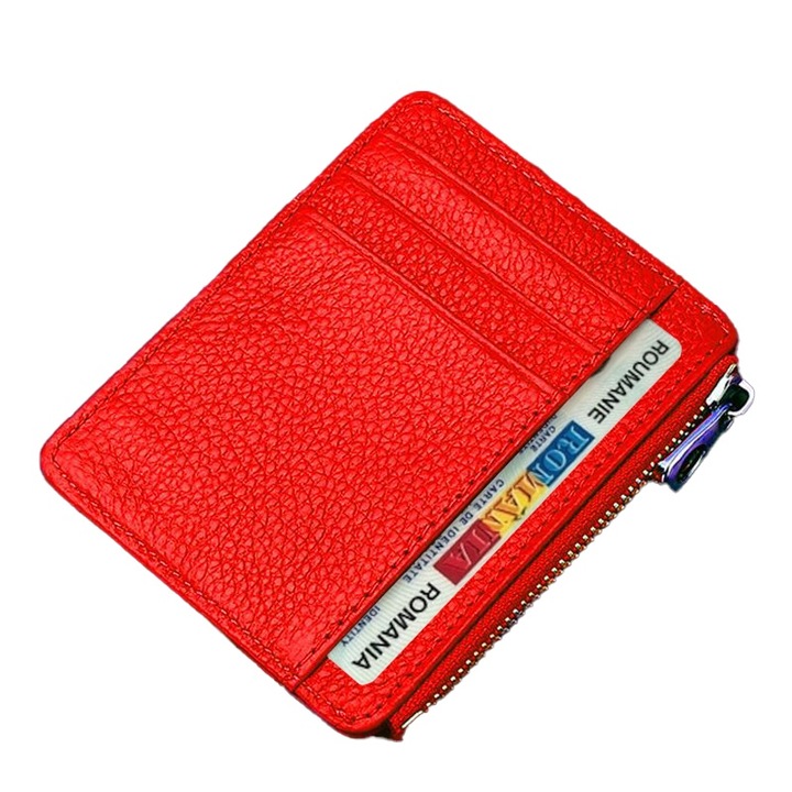 Portofel slim Natty Pell pentru carduri, buletin, bani, permis auto cu capacitate 8 carduri + 1 compartiment bancnote, inchis cu fermoar, Piele naturala, Rosu