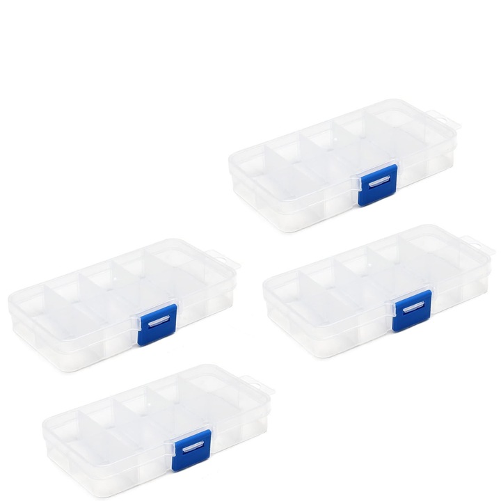 Set 4 cutie tava pentru articole de pescuit, SINBINTA, 10 compartimente, Usor de transportat si folosit, Portabila, Pentru cuie, suruburi, piulite, suruburi, saibe, Plastic, 12.8*6.6*2.2cm, Transparent