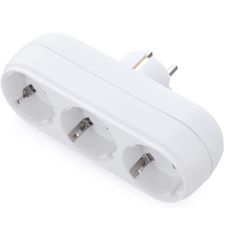 Adaptor priza, Hggzeg, Adaptor V-TAC 3 prize, Cu protectie copii, 16A 250 V 3500W, Mic si portabil, Pentru plite cu inductie, frigidere, cuptoare cu microunde, Plastic/Metal, 135 x 47 x 40mm, Alb
