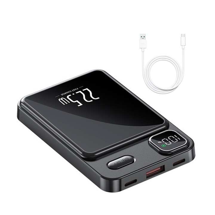 Безжична външна батерия, Axroad Mall, MagSafe магнитно безжично зарядно, преносима външна батерия 10000 mAh, 22.5W, 3 порта, LED дисплей, USB-C кабел включен, за iPhone 16/15/14/13/12/11, черно