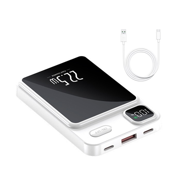 Безжична външна батерия, Axroad Mall, MagSafe магнитно безжично зарядно, преносима външна батерия 10000 mAh, 22.5W, 3 порта, LED дисплей, USB-C кабел включен, за iPhone 16/15/14/13/12/11, бяло