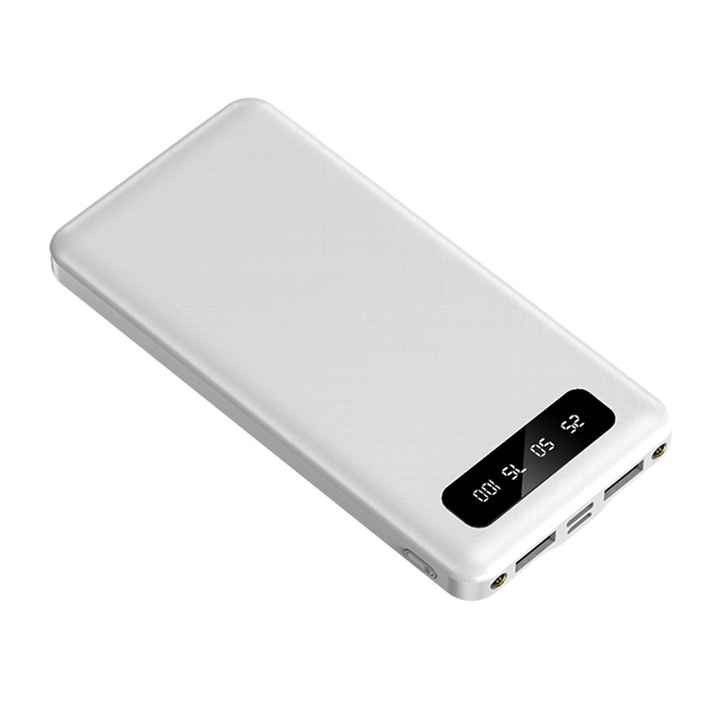 Baterie Externa, Axroad Mall, 10000mAh Powerbank Portabil, Display LED procentaj baterie, Cu lumina LED, 2 porturi intrare si 2 de iesire, Fast Charge, Protectie la supraincarcare si supratensiune, Plastic, 14×6.8cm, Alb