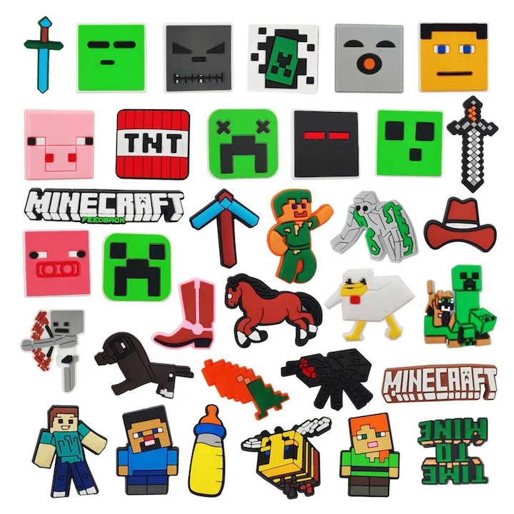 Set 34 Pinuri Accesorii pentru Crocs Saboti, Axroad Mall, Model Minecraft accesorii pentru incaltaminte, Impermeabil si durabil, Usor de instalat si indepartat, PVC, Multicolor