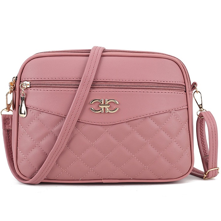 Geanta de dama, Hggzeg, Geanta crossbody, Cu bretele reglabile, Compartimente multiple, Aspect matlasat, Usor de curatat, Potrivit pentru transport la iesire, Piele ecologica, 26 x 7 x 18cm, Roz