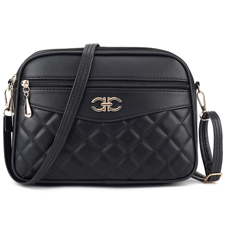 Geanta de dama, Hggzeg, Geanta crossbody, Cu bretele reglabile, Compartimente multiple, Aspect matlasat, Usor de curatat, Potrivit pentru transport la iesire, Piele ecologica, 26 x 7 x 18cm, Negru