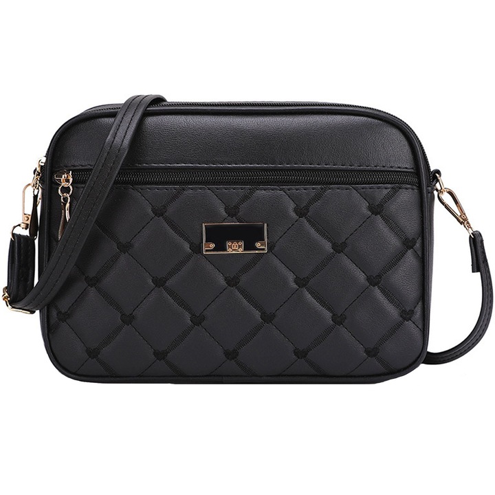Geanta de dama, Hggzeg, Geanta crossbody, Geanta crossbody de piele ecologica cu logo metalic, Cu bretele reglabile, Compartimente multiple, Aspect matlasat, Usor de curatat, Potrivit pentru transport la iesire, 26 x 7 x 18cm, Negru