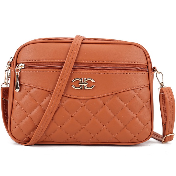 Geanta de dama, Hggzeg, Geanta crossbody, Cu bretele reglabile, Compartimente multiple, Aspect matlasat, Usor de curatat, Potrivit pentru transport la iesire, Piele ecologica, 26 x 7 x 18cm, Maro