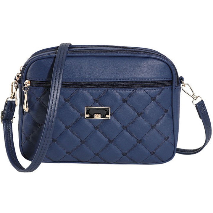 Geanta de dama, Hggzeg, Geanta crossbody, Geanta crossbody de piele ecologica cu logo metalic, Cu bretele reglabile, Compartimente multiple, Aspect matlasat, Usor de curatat, Potrivit pentru transport la iesire, 26 x 7 x 18cm, Albastru