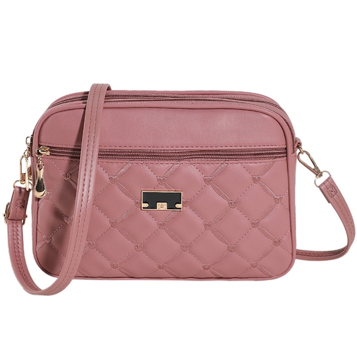 Дамска чанта, Hggzeg, Чанта за през рамо, Чанта за през рамо от еко кожа с метално лого, С регулируеми презрамки, Множество отделения, Капитонирана визия, Лесна за почистване, Подходяща за носене на излизане, 26 x 7 x 18 см, Розова