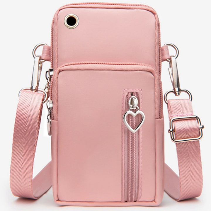 Чанта за мобилен телефон, Hggzeg, Тип портфейл, С цип, регулируема и подвижна презрамка, множество отделения, Подходяща за носене при излизане, Найлон, 10 x 5 x 19 см, Розова