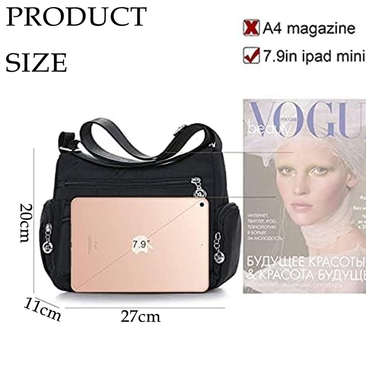 Дамска чанта, Hggzeg, Crossbody, С цип, регулируема презрамка, Множество отделения, Голям капацитет за лесно съхранение, Защита от надраскване, Подходяща за носене при излизане, Найлон, 27 x 11 x 20 см, Черна