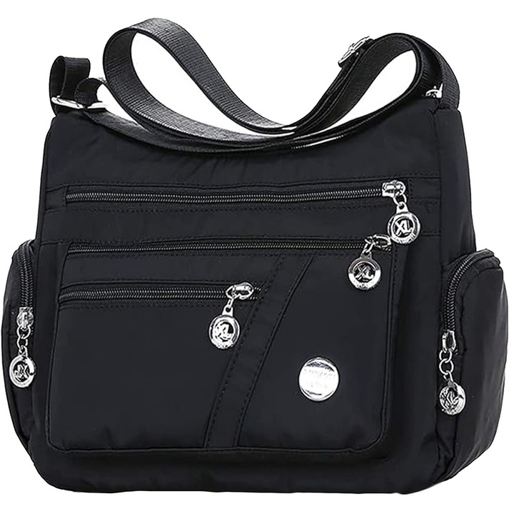 Дамска чанта, Hggzeg, Crossbody, С цип, регулируема презрамка, Множество отделения, Голям капацитет за лесно съхранение, Защита от надраскване, Подходяща за носене при излизане, Найлон, 27 x 11 x 20 см, Черна