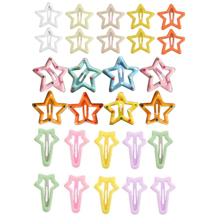 Set 30 clame de par pentru fetite, Hggzeg, Clame de par, agrafe de par pentru copii, Cu buline, Cu modele de stele, Rezistenta la uzura, Pentru zile de nastere, petreceri, activitati scolare, sarbatori, Metal, 3cm, Multicolor