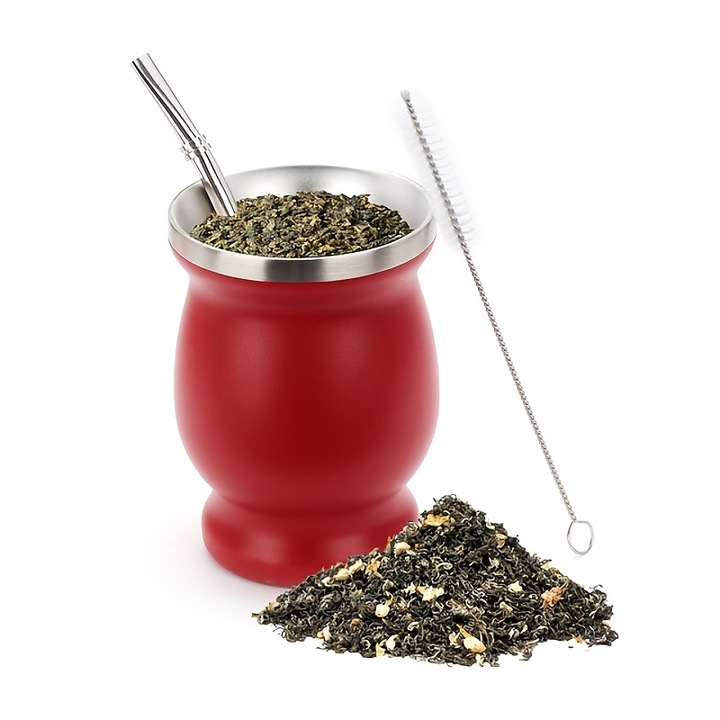 Cana Yerba Mate din otel inoxidabil, set cu perie si pai, rosu, 11x7.5cm