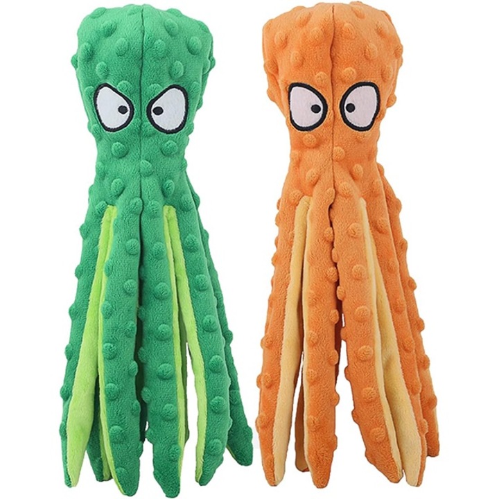 Jucarii de plus pentru caini, 2 bucati, octopus fara umplutura, sunete crinkle, verde+galben, pentru rase mari, medii si mici