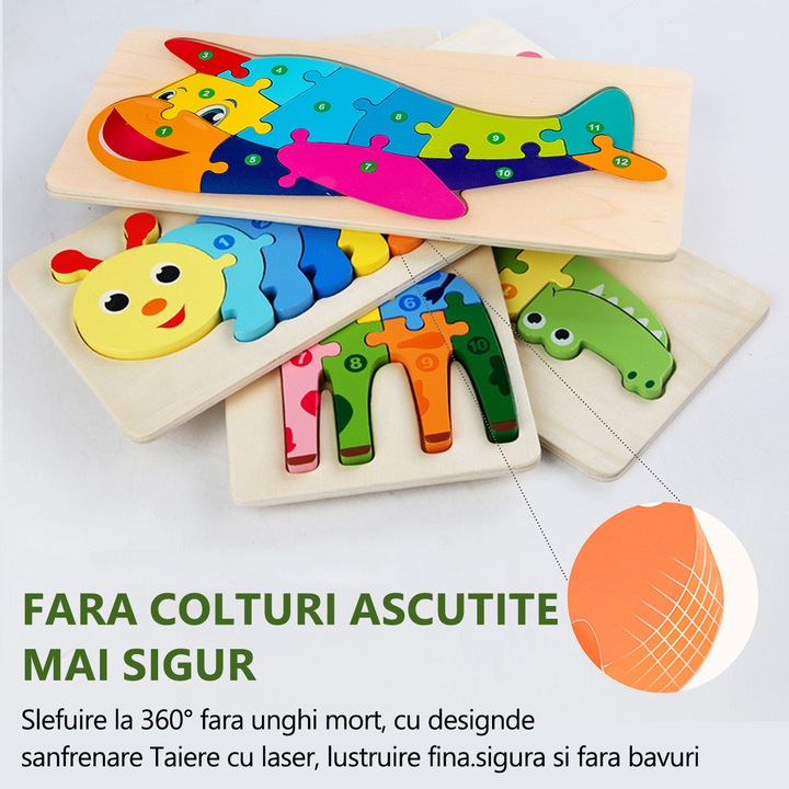 Set 4 Puzzle-uri din Lemn pentru Copii, Yulinland®, din lemn, Numere pentru copii mici, Puzzle-uri cu animale, Jucarie distractiva, Educationale, pentru Bebelusi, Multicolor