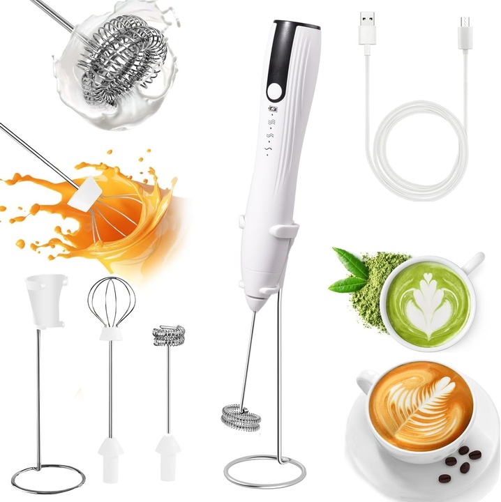 Mixer spumator de lapte 2 in 1, Yulinland, Electric, bauturi calde/reci, maner izolat termic, otel inoxidabil, incarcare USB, cu 2 Inlocuiri de cap agitator, 3 trepte de viteza, pentru a face spuma de lapte, frappe, cappucino sau mixat oua, cu holder, Alb