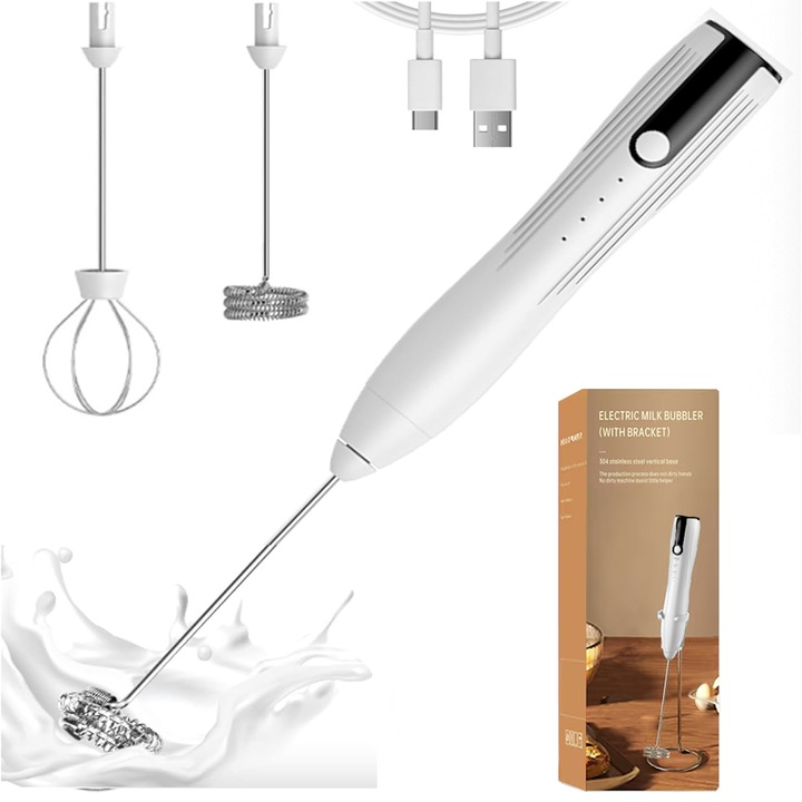 Yulinland 2 в 1 миксер за разпенване на мляко, електрически, топли/студени напитки, термоизолирана дръжка, неръждаема стомана, USB зареждане, с 2 резервни бъркалки, 3 скорости, за приготвяне на млечна пяна, фрапе, капучино или смесени яйца, с държач, бял