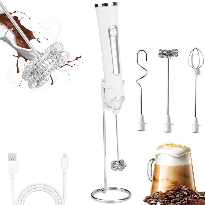 Mixer spuma lapte, Yulinland®, Electric, Reglare cu 3 viteze, bauturi calde/reci, cu 3 Inlocuiri de cap agitator, maner izolat termic, otel inoxidabil, incarcare USB, cu holder, Pentru latte, ciocolata calda, cappuccino, frappe, Alb/argintiu