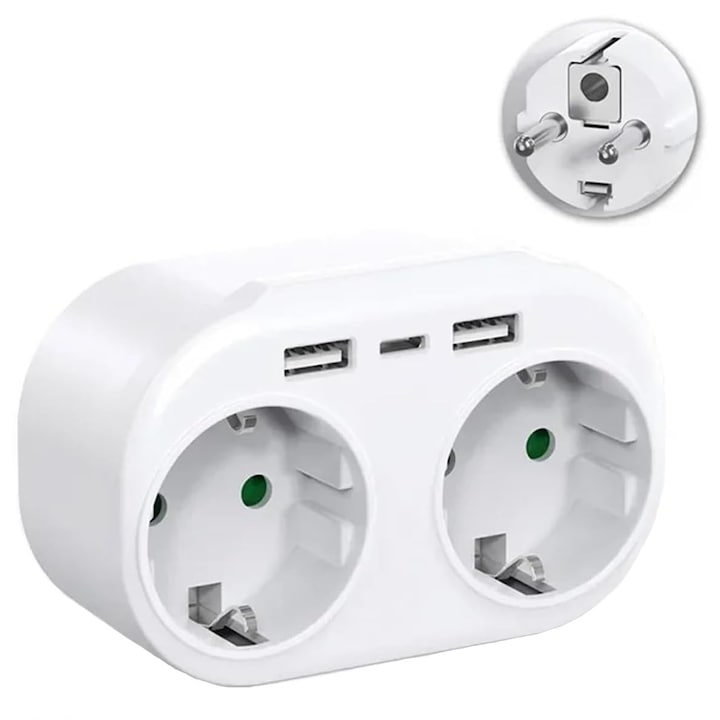 Adaptor priza, Hggzeg, Adaptor priza 5 in 1, Cu contact protectie, 2 priza Schuko, 2 x USB, 1 x Type-C, Multifunctional, Mic si portabil, Pentru plite cu inductie, frigidere, cuptoare cu microunde, Plastic/Metal, Alb