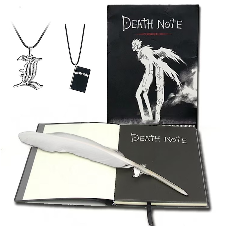 Jurnal Death Note, AjieQaQ, cu 2 coliere, cu stilou, coperta din piele neagra, caiet A4, cadou, negru