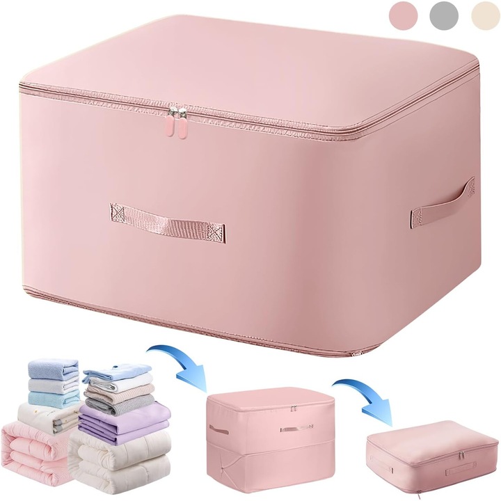Set 4 cutii depozitare cu fermoar, organizator auto-comprimant, rezistent la apa, roz, marime X-Large