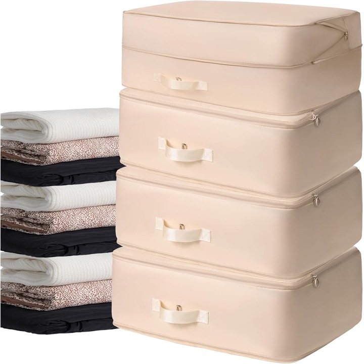 Set 4 Cutii Depozitare cu Fermoar, Organizator pentru Sweater, Bej, Mari
