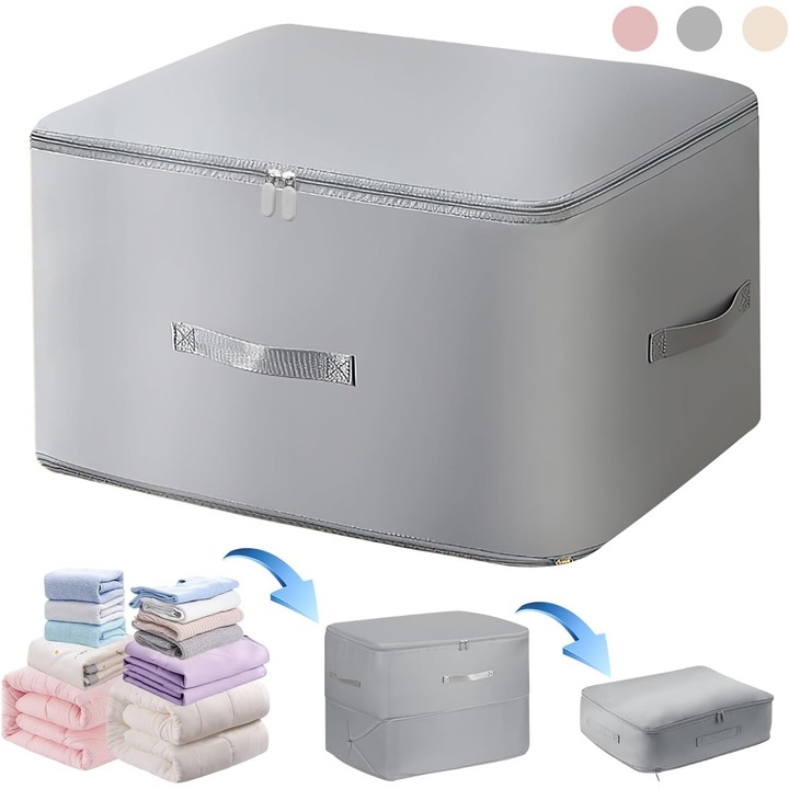 Set 2 Cutii Depozitare cu Fermoar, Organizator Compresie, 50% Spatiu Salvat, Gri, X-Large
