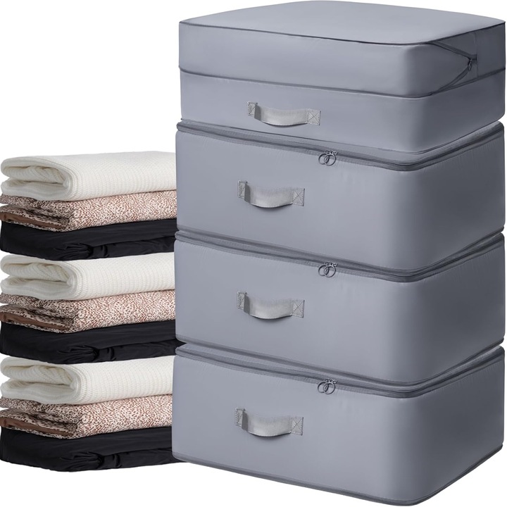 Set 4 Cutii Depozitare cu Fermoar, Organizator pentru Sweater, Gri, Mare