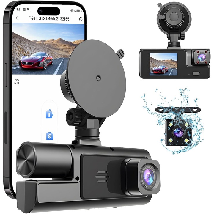 Camera auto DVR, Cu trei camere, Wi-Fi, Full-HD 1080P, Mod Parcare, Senzor Miscare, Senzor G, Tehnologie HDR, Inregistrare in Bucla, Unghi Larg 170°, Ecran 2 inch