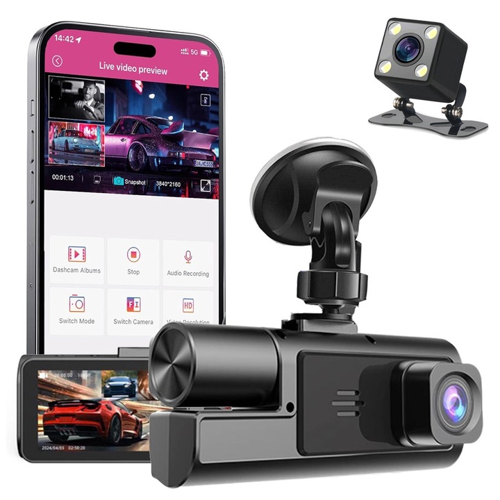 DVR камера за кола, С три камери, Wi-Fi, Full-HD 1080P, Режим на паркиране, Сензор за движение, G сензор, HDR технология, Циклично записване, Широк ъгъл 170°, 2-инчов екран