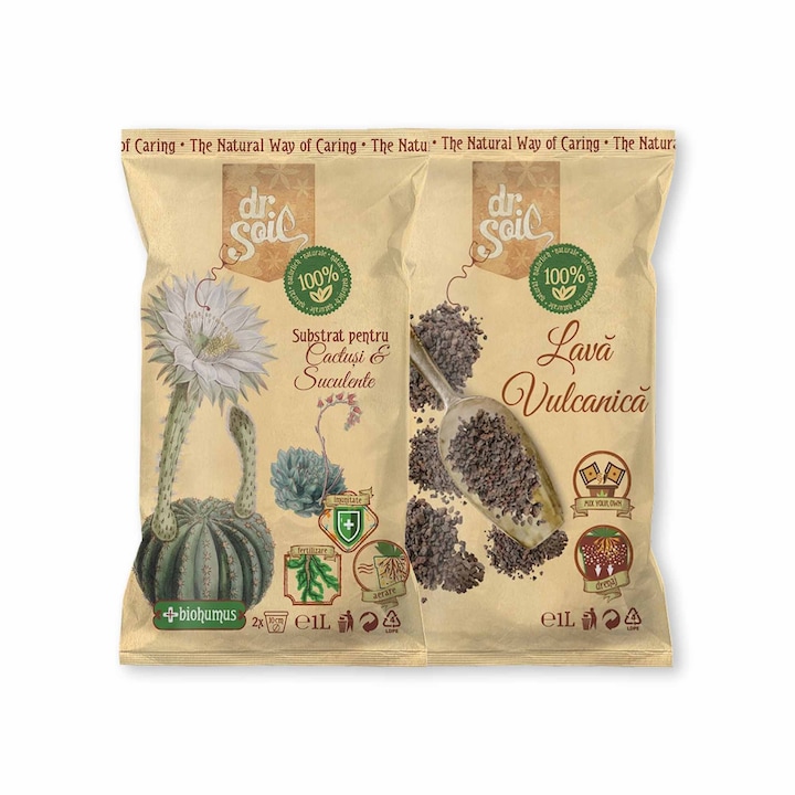 Pachet Dr.Soil pentru transplantarea cactusilor si suculentelor cu substrat natural pentru cactusi si plante suculente si lava vulcanica