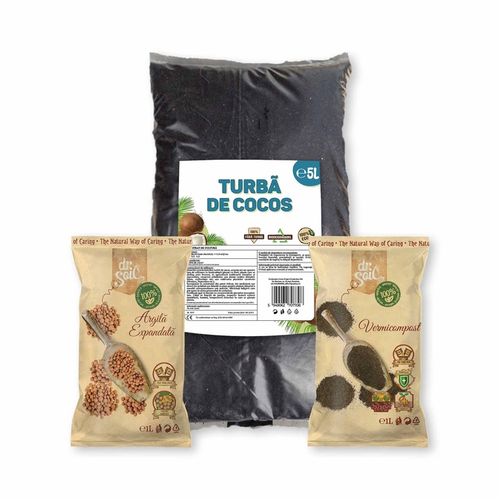 Pachet pentru transplantarea plantelor de apartament cu turba de cocos la punga de 5L, vermicompost si argila expandata