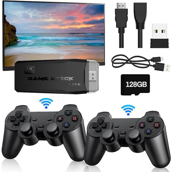 Игрова конзола GD10 Game Stick, 128G 4K HD конзола, двоен безжичен контролер за видео игри, 2.4G ретро конзола, 70 000 PSP игри, HDMI изход, свързване към TV/TV, кутия/компютър/лаптоп/проектор, черен