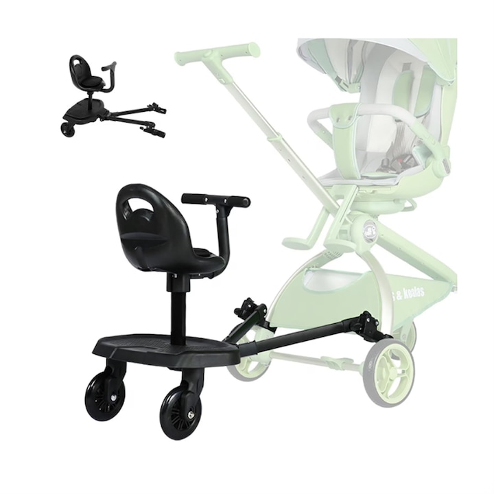 Adaptor de Carucior pentru al Doilea Copil, Scaun Demontabil, 2 Roti Pivotante, Snur, Set Montaj, Capacitate 75 kg, Universal, Negru