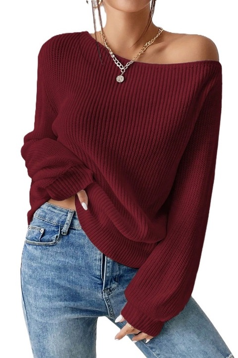 Pulover Dama, Croiala Lejera, Cu Decolteu Asimetric, Visiniu, XL