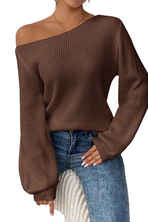 Pulover Dama, Croiala Lejera, Cu Decolteu Asimetric, Maro, XL