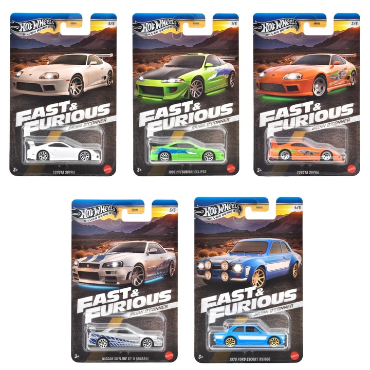 Комплект от 5 автомобила Hot Wheels Silver Series, Бързи и яростни Brian O'Conner, Toyota Supra, Mitsubishi Eclipse, Nissan Skyline GT-R, Ford, 1:64, многоцветен