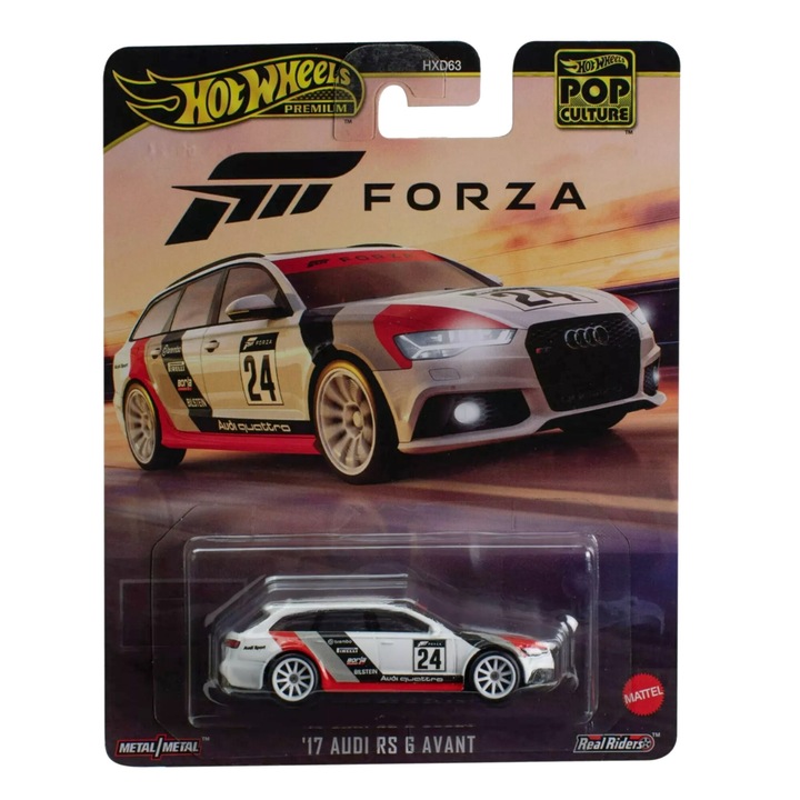 Hot Wheels Premium metál autó, '17 Audi RS6 Avant Forza, Pop Culture, 1:64, fehér