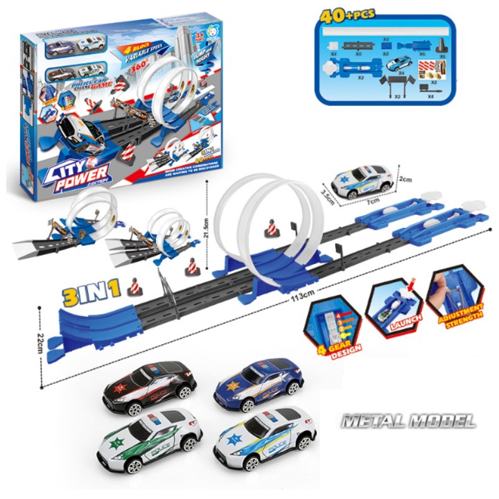 Pista de Curse - Set de Curse Auto cu 4 masini rapide si 2 Piste - Circuit de mare viteza cu rampe si bucle - pentru 2 jucatori